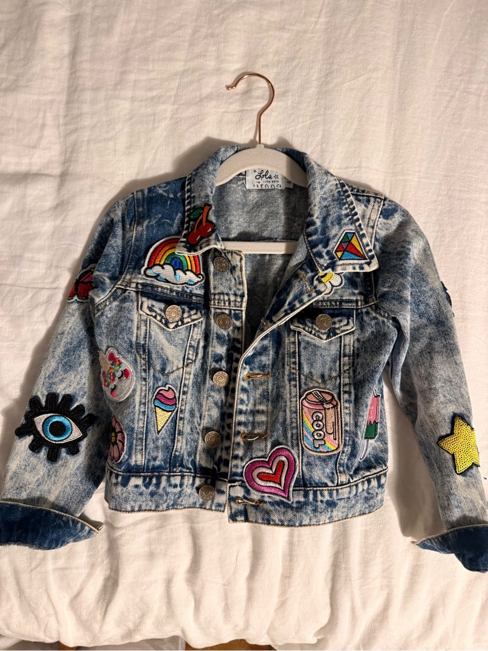 Lola + The Boys Light Blue Acid-Wash Denim Jacket with Colorful Patches